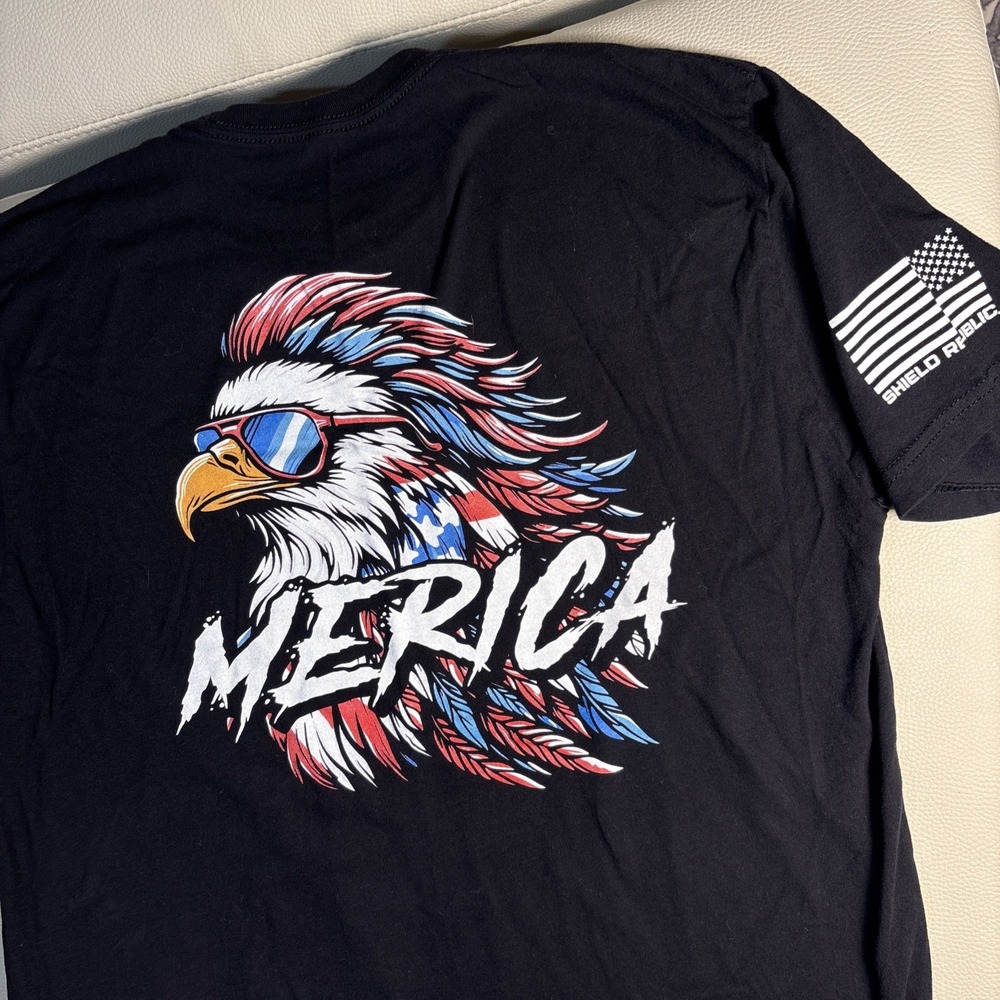Shield Republic Men T Shirt Black Logo American Flag Colors Eagle Size LARGE EUC